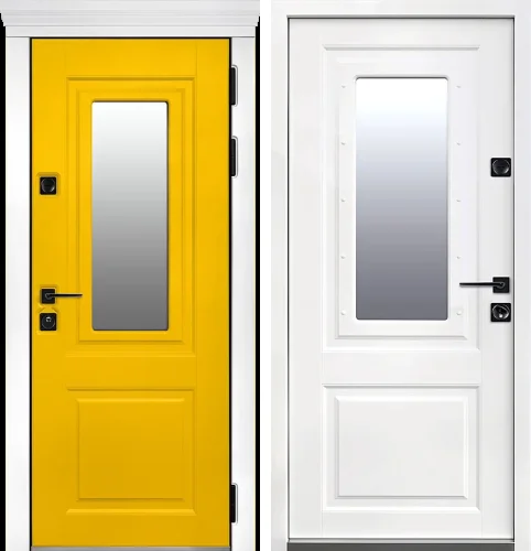 Жёлтая входная дверь с белыми наличниками №2 размером 960x2050 мм