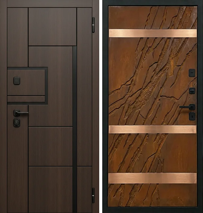 Железная дверь с рельефной медной отделкой для частного дома №224