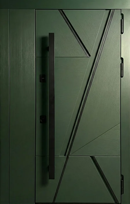 Металлическая дверь оливковая с диагональной фрезеровкой для квартиры №71