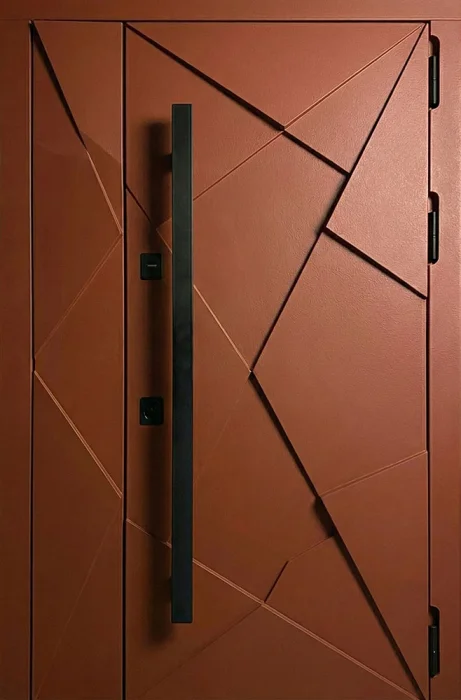 Стальная дверь медный антик с геометрическими гранями и ручкой №84