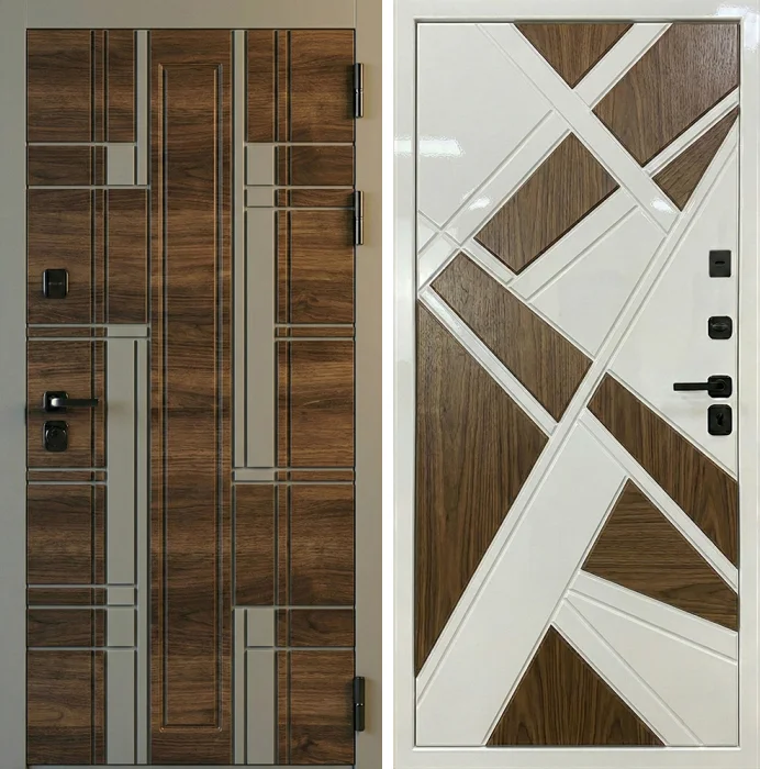 Стальная дверь белая с ореховыми вставками для квартиры №269