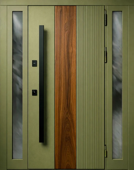 Металлическая дверь оливковая с деревом и остеклением для частного дома №46