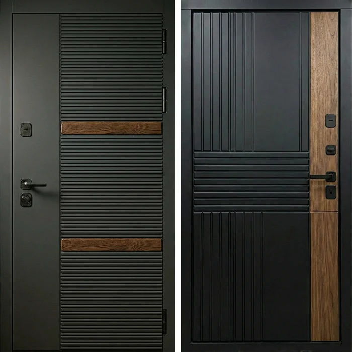 Металлическая дверь антрацит с древесными вставками в квартиру №222
