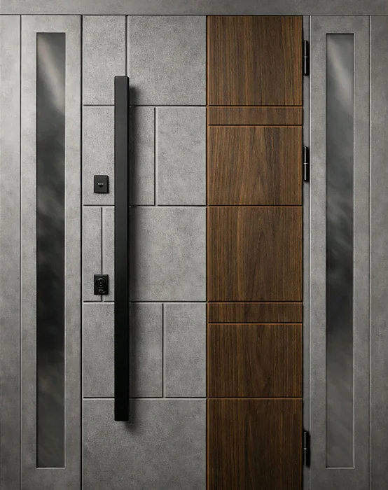 Металлическая дверь под бетон с вставкой орех и боковым остеклением №51