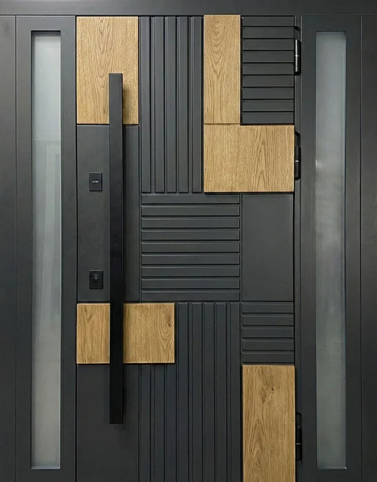 Железная входная дверь графит с деревянными вставками и остеклением №43