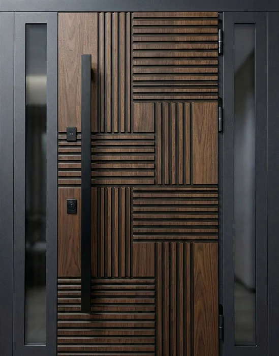 Входная дверь с 3D-рейками и боковым остеклением для дома №52