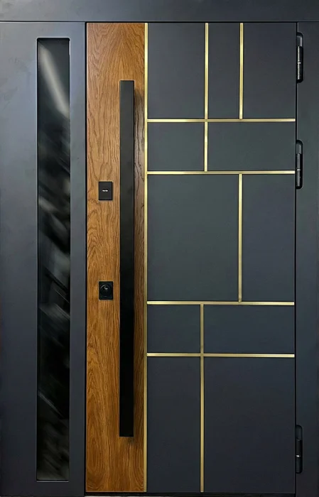 Стальная дверь антрацит с деревом и стеклом для частного дома №70