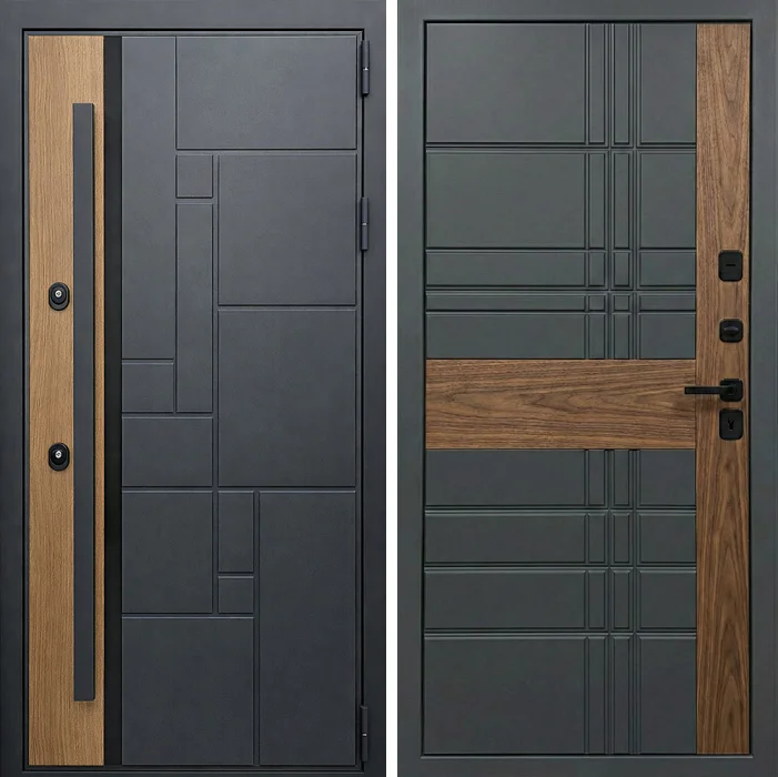 Наружная входная дверь в дом графит с древесными вставками модерн №252