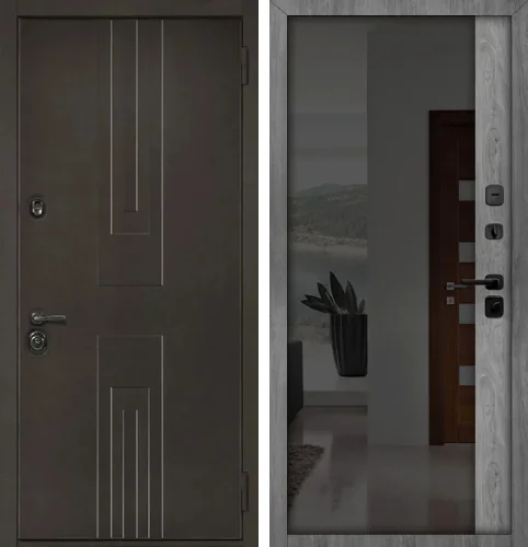 Серая железная дверь в квартиру с зеркалом №30 размером 900x2000 мм