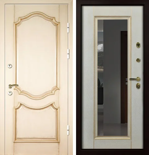 Белая входная дверь с патиной и зеркалом №7 с замками CISA