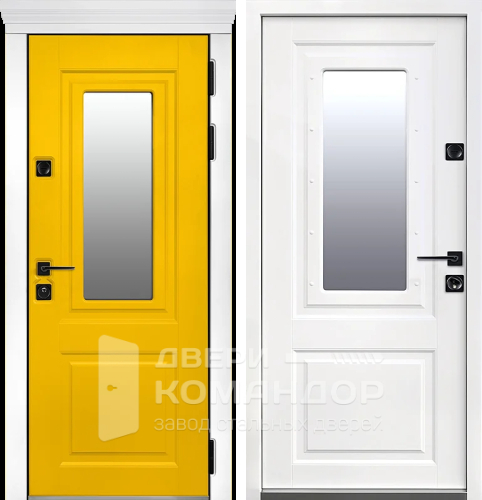 Жёлтая входная дверь с белыми наличниками №2 с замками KALE
