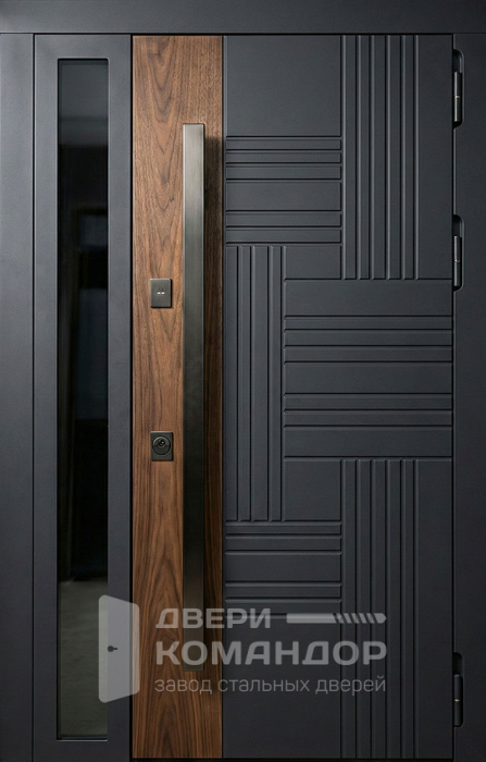 Стальная дверь графит с вертикальным стеклом и вставкой под орех №86