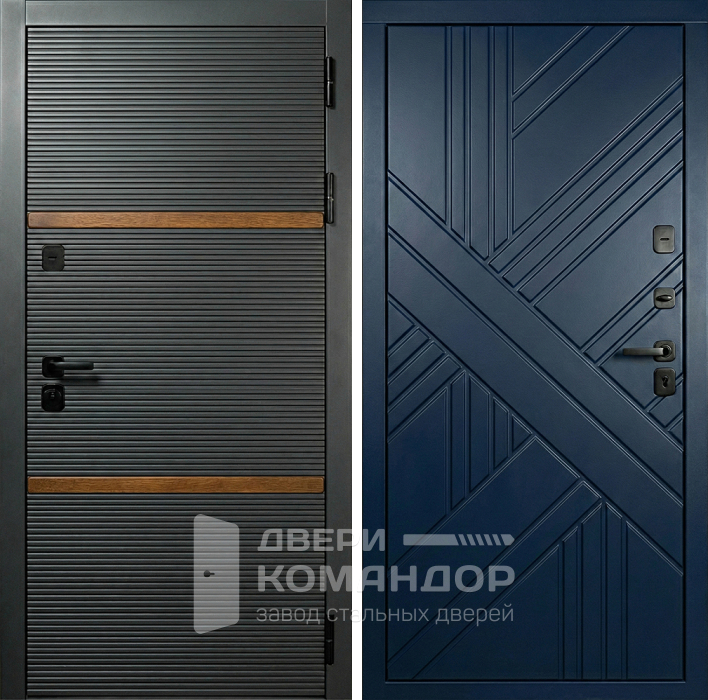 Стальная дверь графит с синей фрезерованной МДФ-панелью №360