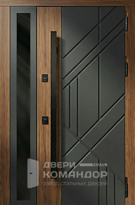 Железная дверь антрацит с геометрической фрезеровкой и узким стеклопакетом №103