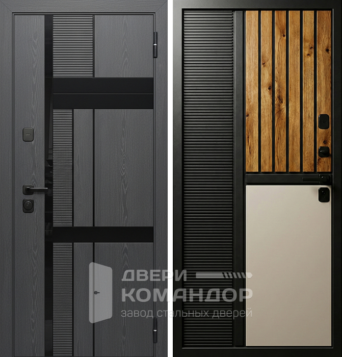 Стальная дверь графит с рейками и светлой вставкой №201