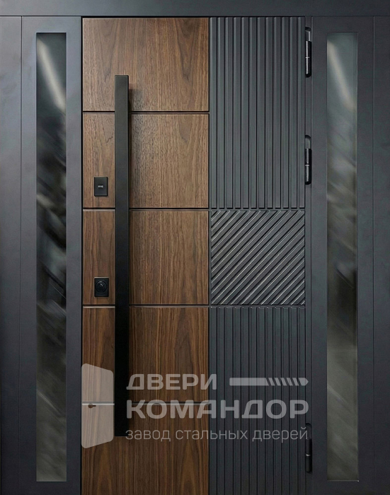 Стальная входная дверь графит с деревом и боковым остеклением №45