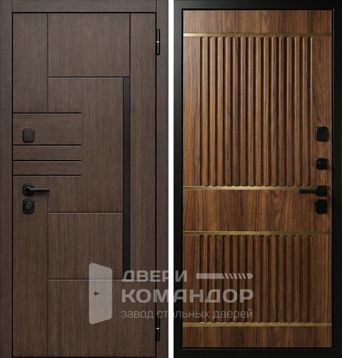 Входная дверь для деревенского дома орех с фрезеровкой рейками №192