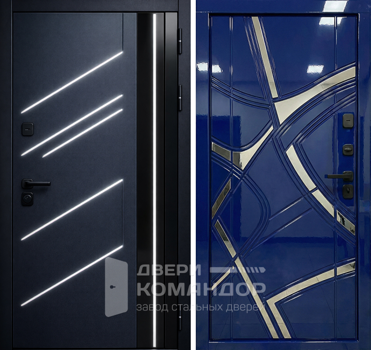 Металлическая дверь синяя глянцевая с LED-подсветкой №277